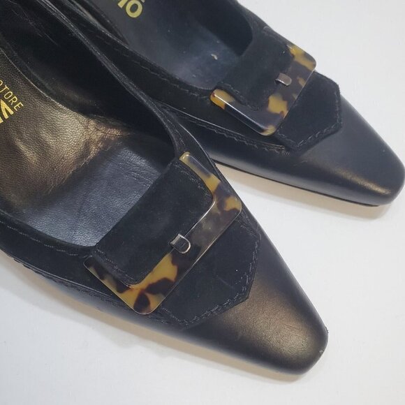 Salvatore Ferragamo Slip-On Mules Heels 7AA Black Suede Leather Tortoise Shell - Picture 8 of 15